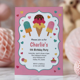Invitation Fête d'anniversaire des 5 ans de Cute Girls Ice Cr