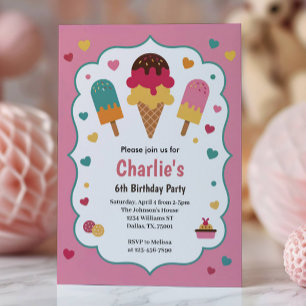 Invitation Fête d'anniversaire des 6 ans de Cute Girls Ice Cr