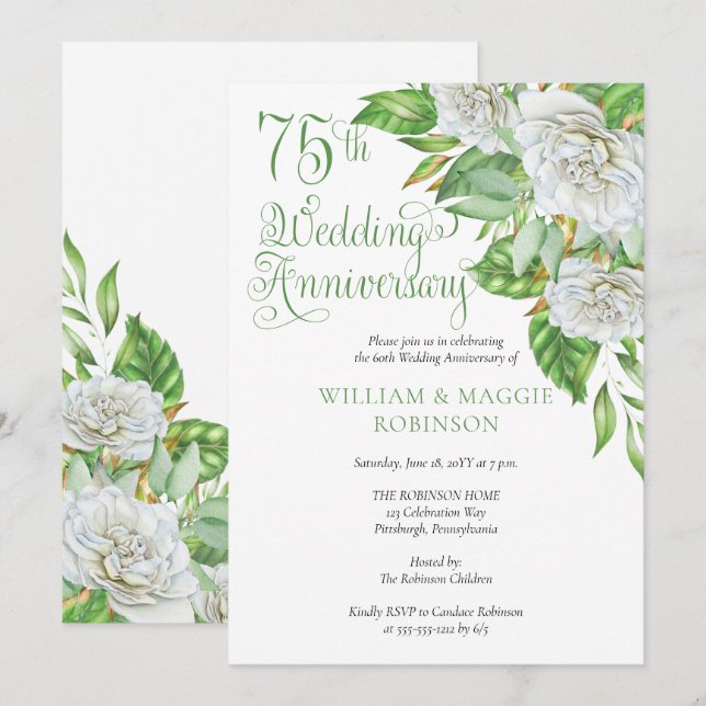Invitation Fête d'anniversaire des 75 ans de mariage Roses bl (Devant / Derrière)