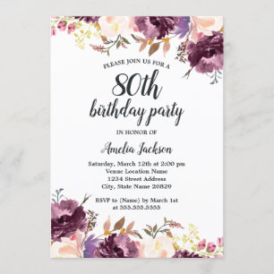 Invitation Fête d'anniversaire des 80 ans Fleur pourpre à l'a
