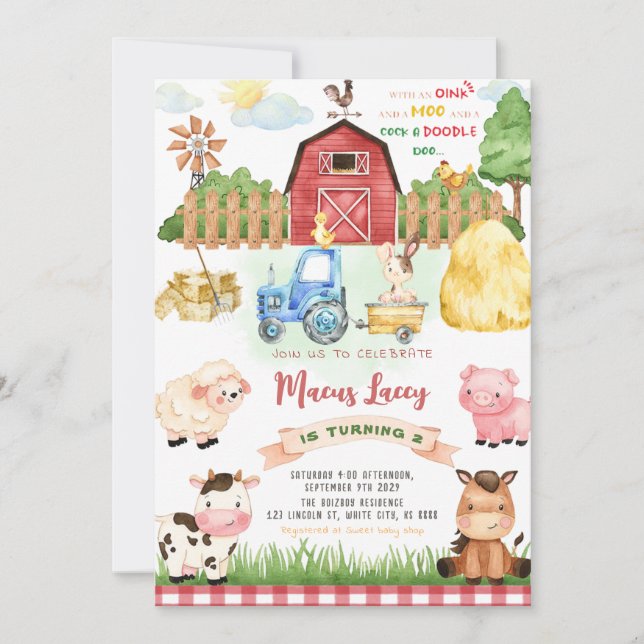 Invitation Fête d'anniversaire des animaux de ferme (Devant)