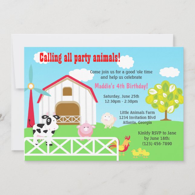 Invitation Fête d'anniversaire des animaux de ferme Barnyard (Devant)
