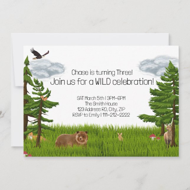 Invitation Fête d'anniversaire des animaux de forêt, Annivers (Devant)