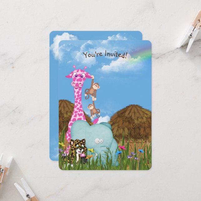 Invitation Fête d'anniversaire des animaux de la jungle (Devant/Arrière en situation)