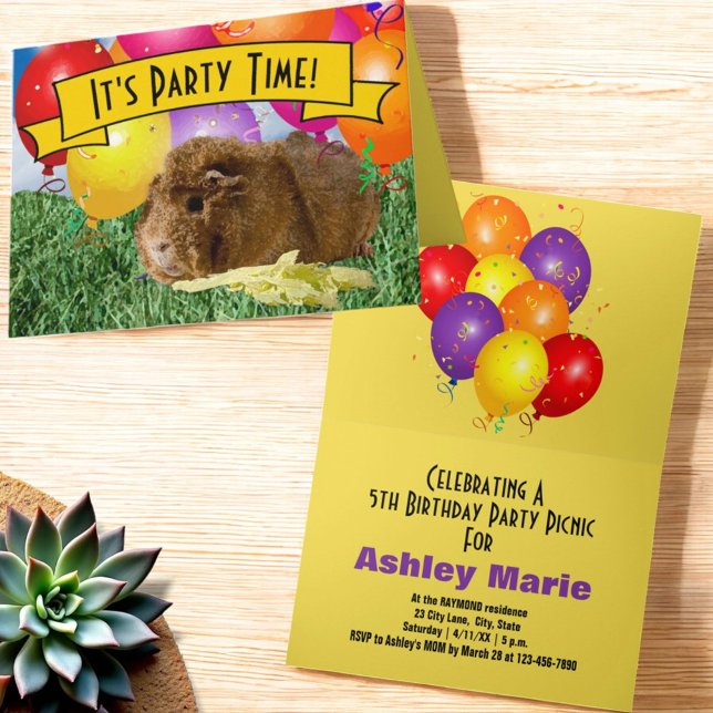 Invitation Fête d'anniversaire des animaux de l'enfant Ballon (Party invitation on folded greeting card cover and Inside)