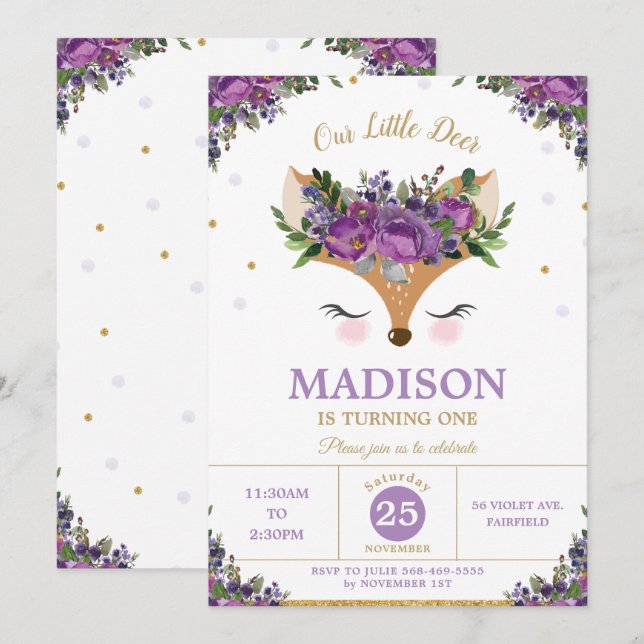 Invitation Fête d'anniversaire des animaux des forêts de cerf (Devant / Derrière)