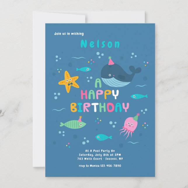 Invitation Fête d'anniversaire des animaux marins (Devant)