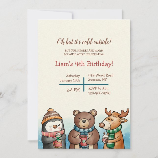 Invitation Fête d'anniversaire des Animaux Mignons d'Hiver (Devant)