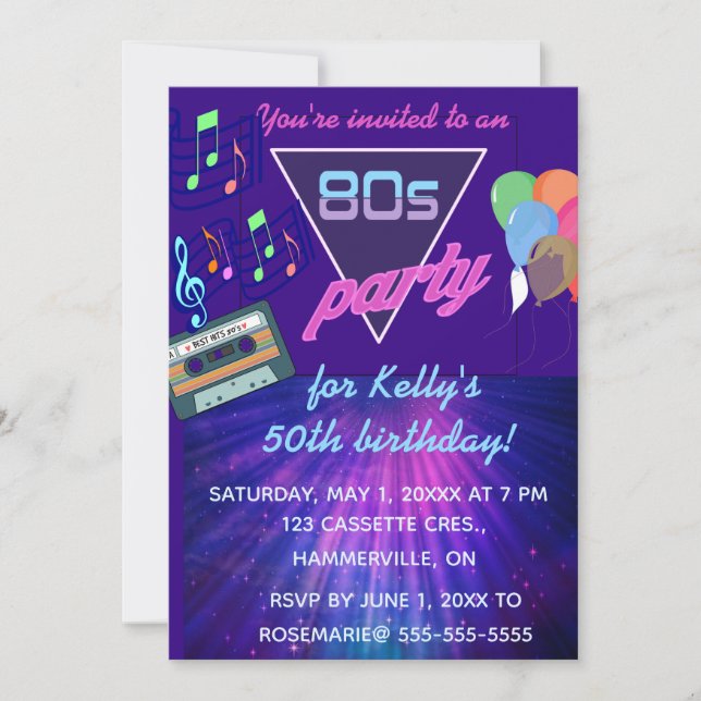 Invitation Fête d'anniversaire des années 80 (Devant)