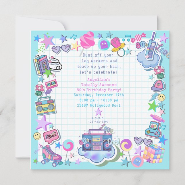 Invitation fête d'anniversaire des années 80 rétro (Devant)
