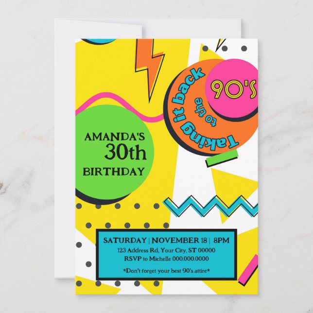 Invitation Fête d'anniversaire des années 90, brillante et co (Devant)