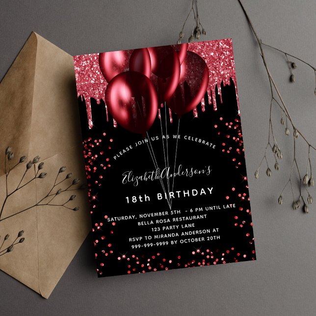 Invitation Fête d'anniversaire des ballons rouges noirs (Créateur téléchargé)