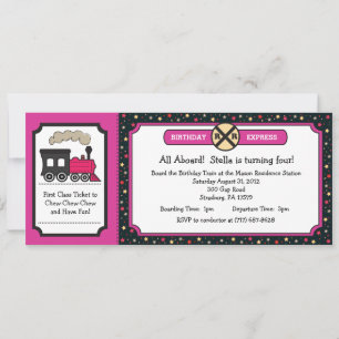 Invitation Fête d'anniversaire des billets de train - rose et