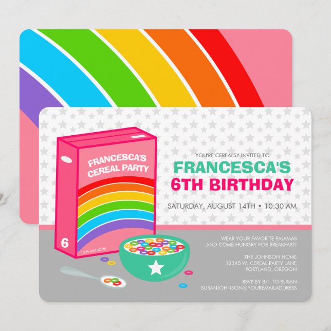Invitation Fête d'anniversaire des céréales arc-en-ciel (Devant / Derrière)