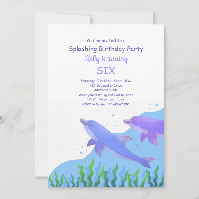 Invitation Fête d'anniversaire des dauphins (Devant)
