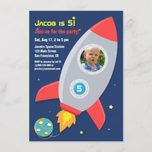 Invitation Fête d'anniversaire des enfants avec fusée spatial