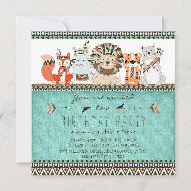 Invitation Fête d'anniversaire des enfants d'animaux tribaux  (Devant)
