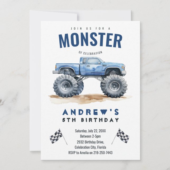 Invitation Fête d'anniversaire des Enfants Monster Trucks (Devant)