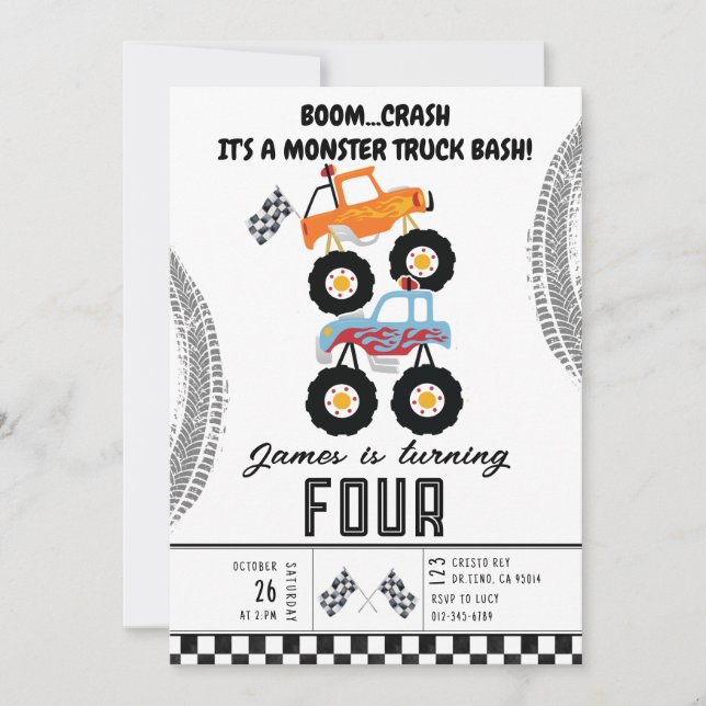 Invitation Fête d'anniversaire des Enfants Monster Trucks (Devant)