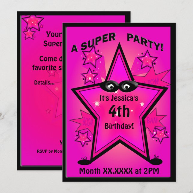 Invitation Fête d'anniversaire des enfants Superhero Star Gir (Devant / Derrière)