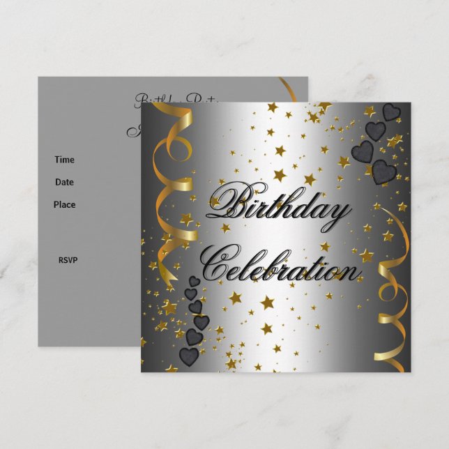 Invitation Fête d'anniversaire des étoiles d'or noir argent (Devant / Derrière)