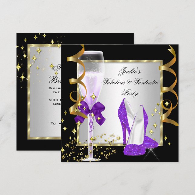 Invitation Fête d'anniversaire des femmes d'argent noir viole (Devant / Derrière)