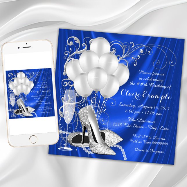 Invitation Fête d'anniversaire des femmes Royal Blue et Silve (Womans blue and silver birthday party invitation with silver high heels, pearls and balloons.)