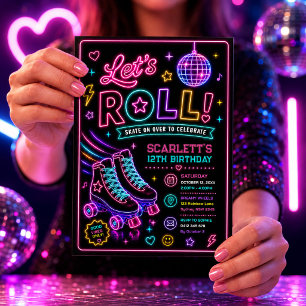 Invitation Fête d'anniversaire des filles au roller Neon Glow