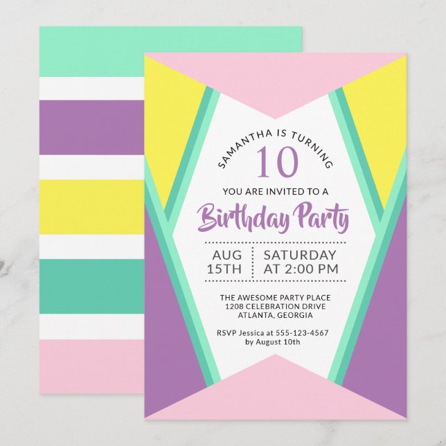 Invitation Fête d'anniversaire des filles aux couleurs vives (Devant / Derrière)