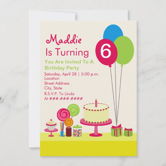 Invitation Fête d'anniversaire des filles - Ballons de gâteau (Devant)