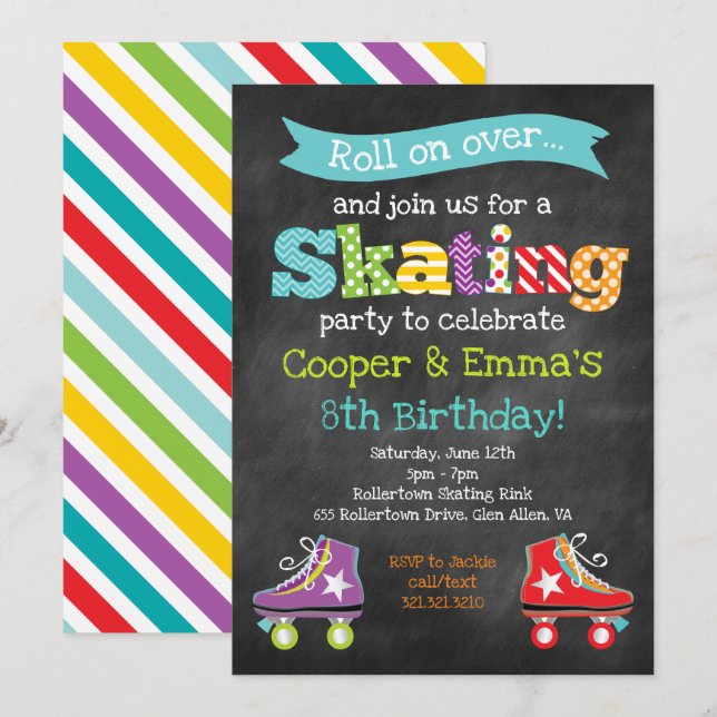 Invitation Fête d'anniversaire des filles de patinage à roule (Devant / Derrière)