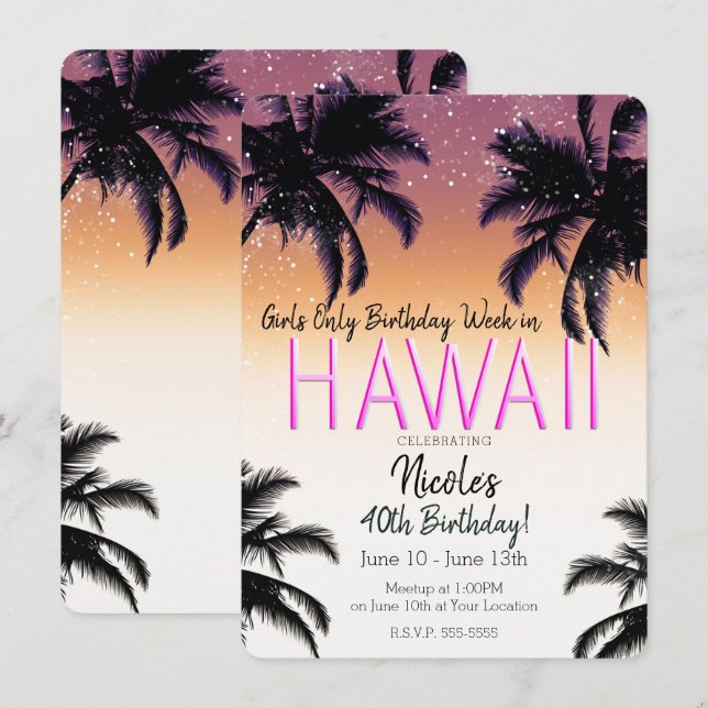 Invitation Fête d'anniversaire des filles d'été à Hawaii île  (Devant / Derrière)