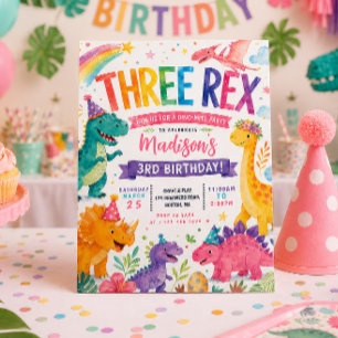 Invitation Fête d'anniversaire des filles dinosaures arc-en-c