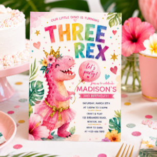 Invitation Fête d'anniversaire des filles dinosaures arc-en-c