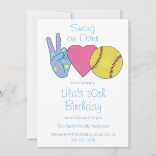 Invitation Fête d'anniversaire des filles Paix Amour Softball