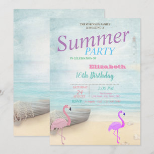 Invitation Fête d'anniversaire des flamants roses en été au b
