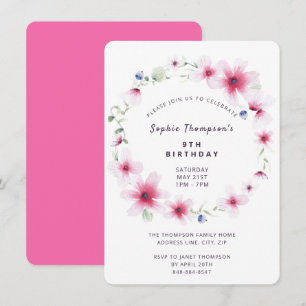 Invitation Fête d'anniversaire des Fleurs sauvages roses chau