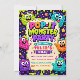 Invitation Fête d'anniversaire des monstres mignons Pop It