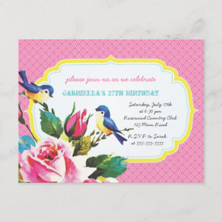 Invitation Fête d'anniversaire des oiseaux et Roses Vintages