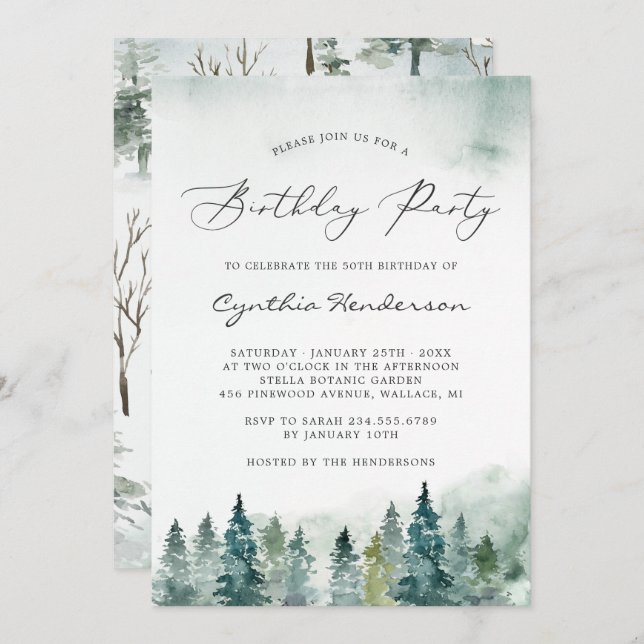 Invitation Fête d'anniversaire des pins de la forêt d'hiver (Devant / Derrière)