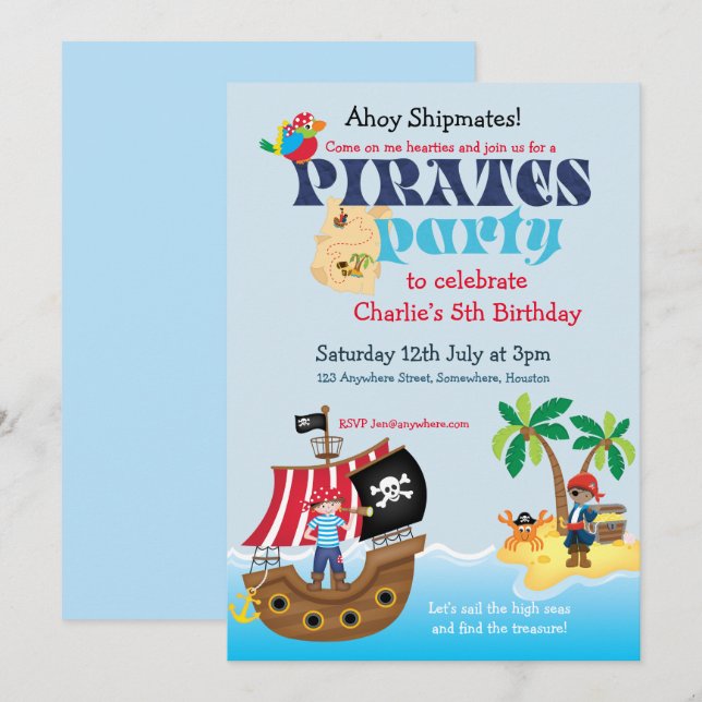 Invitation Fête d'anniversaire des Pirates (Devant / Derrière)