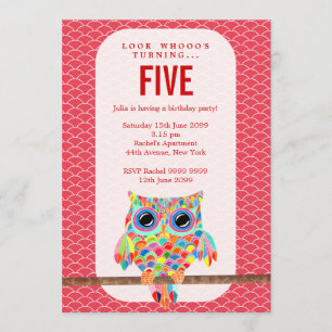 Invitation Fête d'anniversaire des Red Girls Rainbow Owl Invi