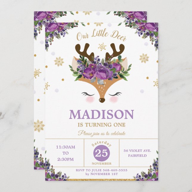 Invitation Fête d'anniversaire des Snowflakes floraux violets (Devant / Derrière)