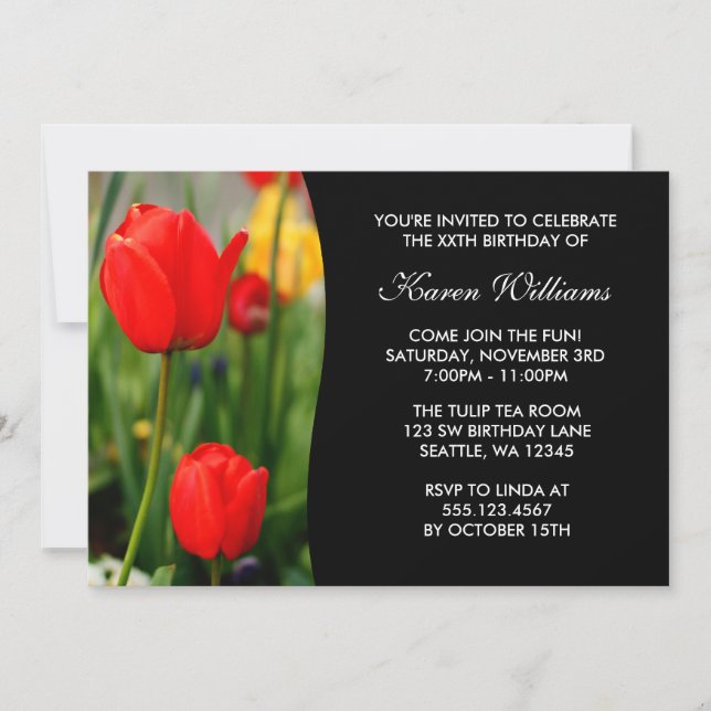 Invitation Fête d'anniversaire des tulipes rouges et jaunes (Devant)
