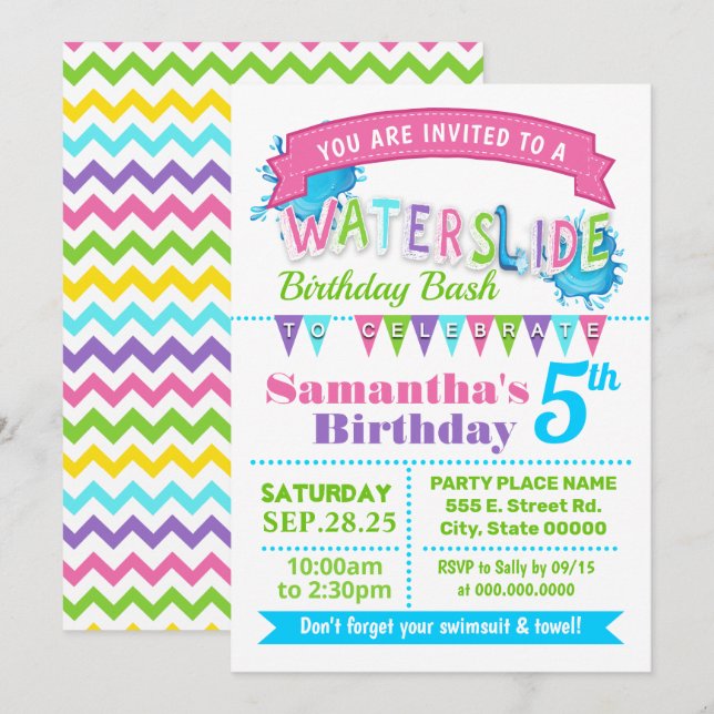 Invitation Fête d'anniversaire d'été de glissade en rose turq (Devant / Derrière)