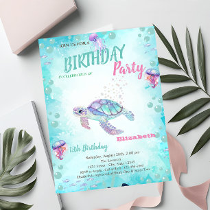 Invitation Fête d'anniversaire d'été de la mer Tortue Paillet