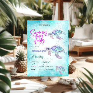 Invitation Fête d'anniversaire d'été de la mer Tortue Paillet