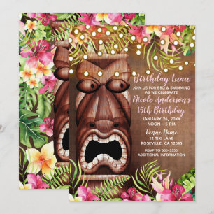Invitation Fête d'anniversaire d'été Tiki Hawaïen en bois
