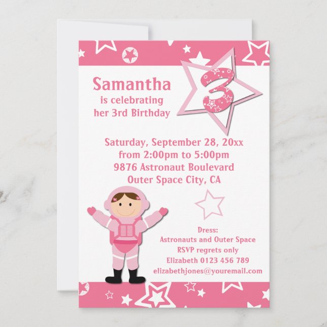 Invitation Fête d'anniversaire d'étoiles de rose d'astronaute (Devant)