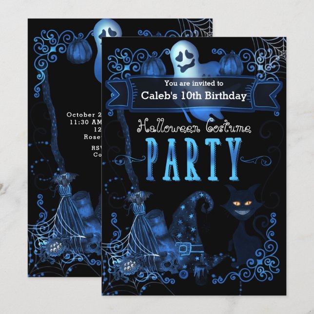 Invitation Fête d'anniversaire d'Halloween Lumières bleu magi (Devant / Derrière)